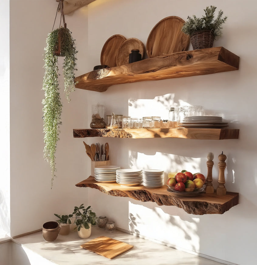 Rustic kitchen with live edge wooden shelves holding plates, jars, fruit bowl, and herbs in natural light