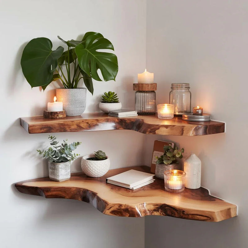 Live edge wooden floating shelves with candles, potted plants, and decor in a cozy corner.