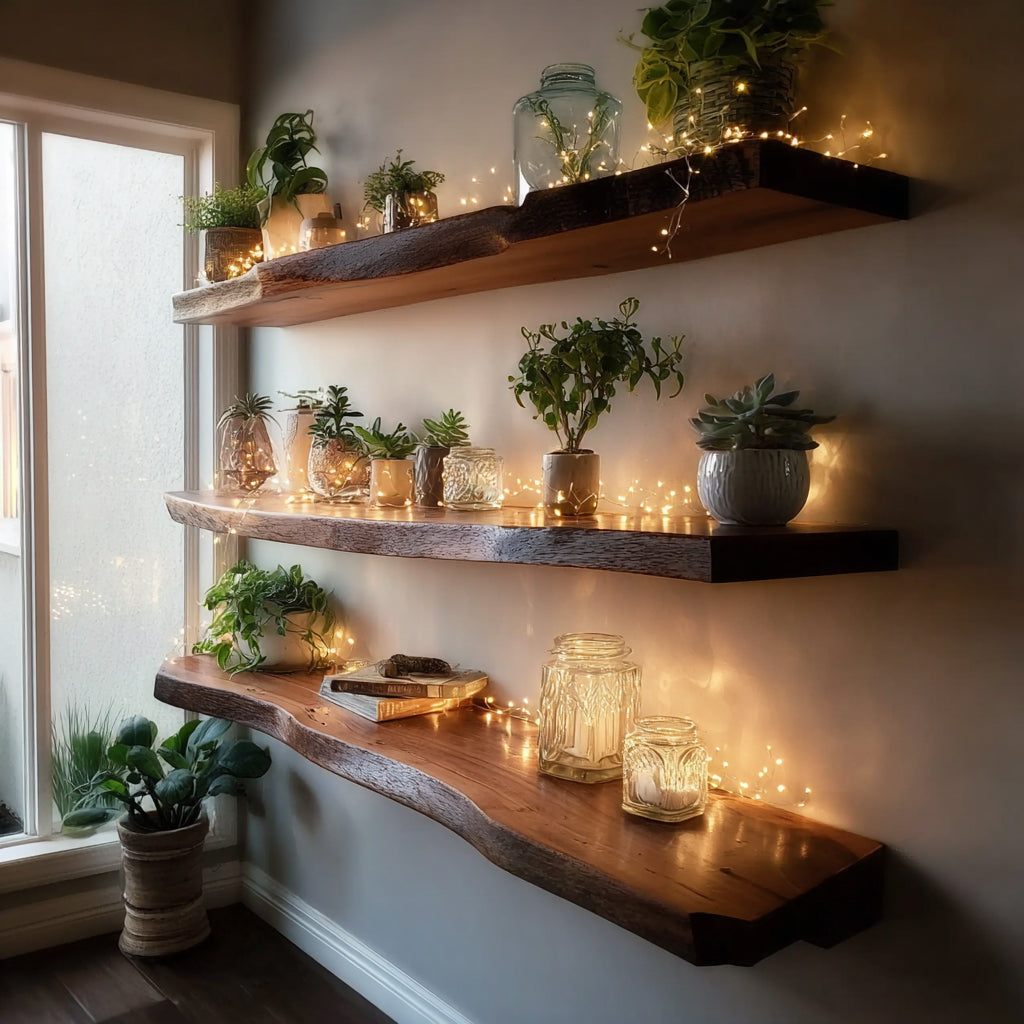 Live edge floating wood shelves with potted plants and string lights in a cozy modern room.