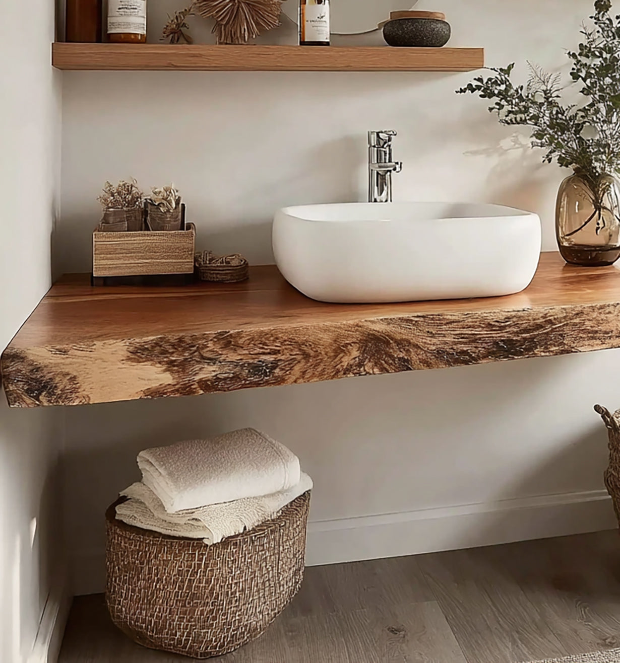 Modern bathroom with a white rectangular sink on a rustic live edge wood countertop, decorative plants, and wicker basket with towels