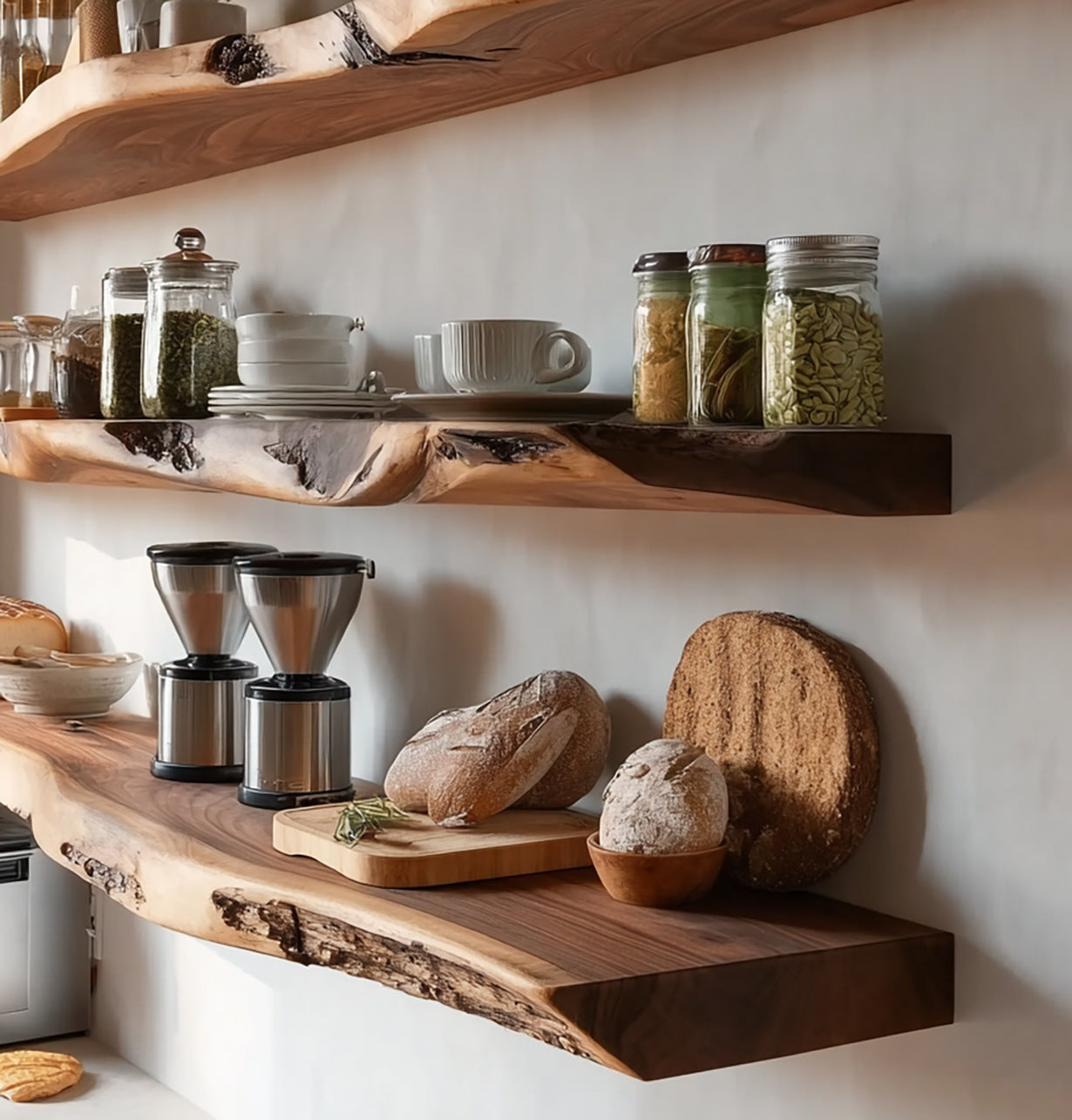 Rustic wooden kitchen shelves with glass spice jars, white cups, coffee grinders, and artisan bread loaves