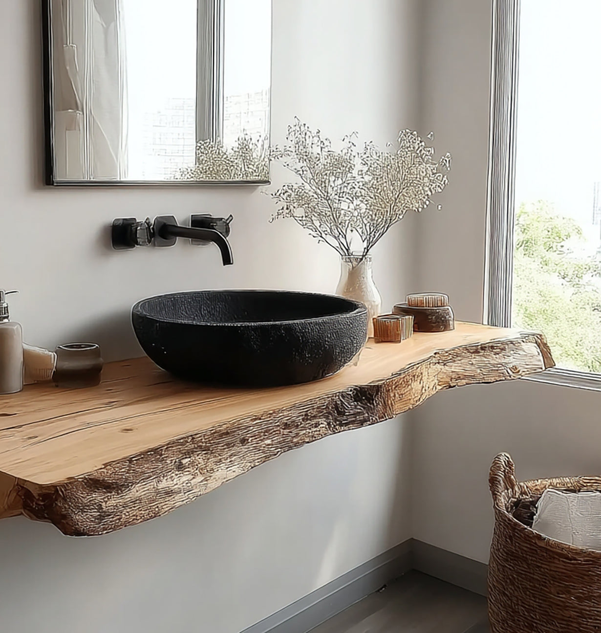 Modern bathroom with rustic live edge wooden countertop, black stone vessel sink, wall faucet, and window light