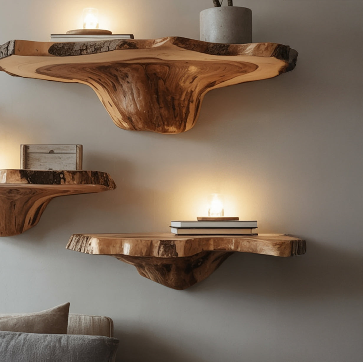 Wall-mounted rustic live edge wood shelves with warm decorative lights and books in cozy living room