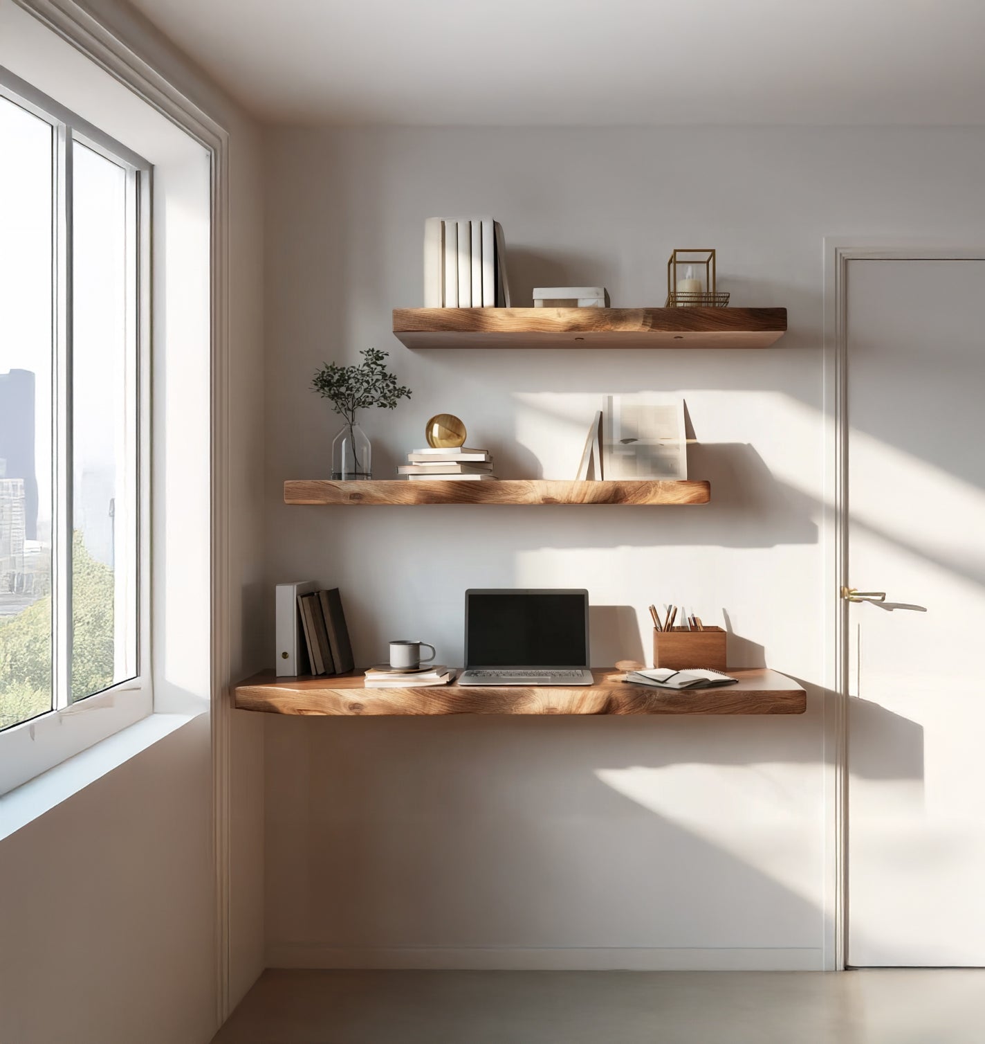 Minimalist home office with floating wooden shelves, laptop, books, and window sunlight