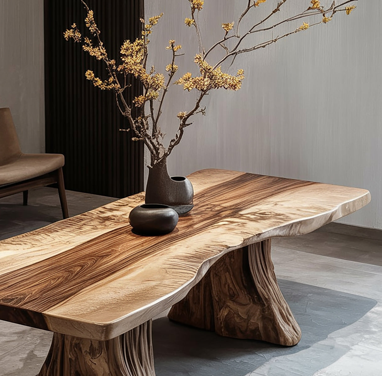 Live edge wood coffee table with dark ceramic vases holding yellow flowering branches in modern room
