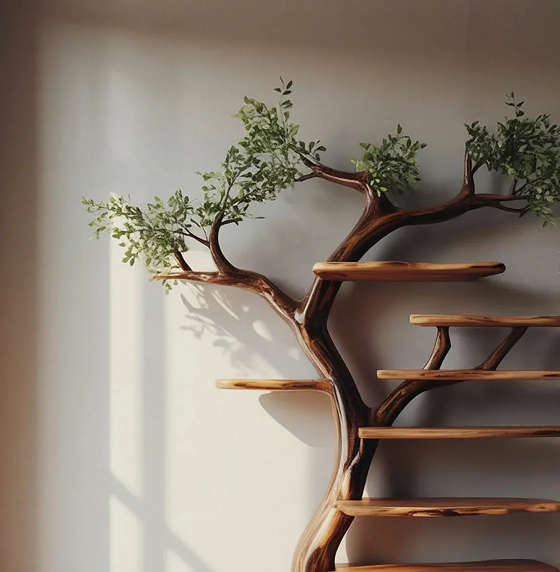 Wooden tree-shaped shelf with green leaves against beige wall illuminated by sunlight