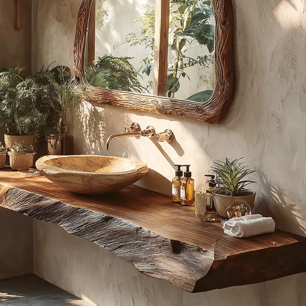 Rustic bathroom vanity with natural wood countertop, stone vessel sink, wooden framed mirror, and green plants