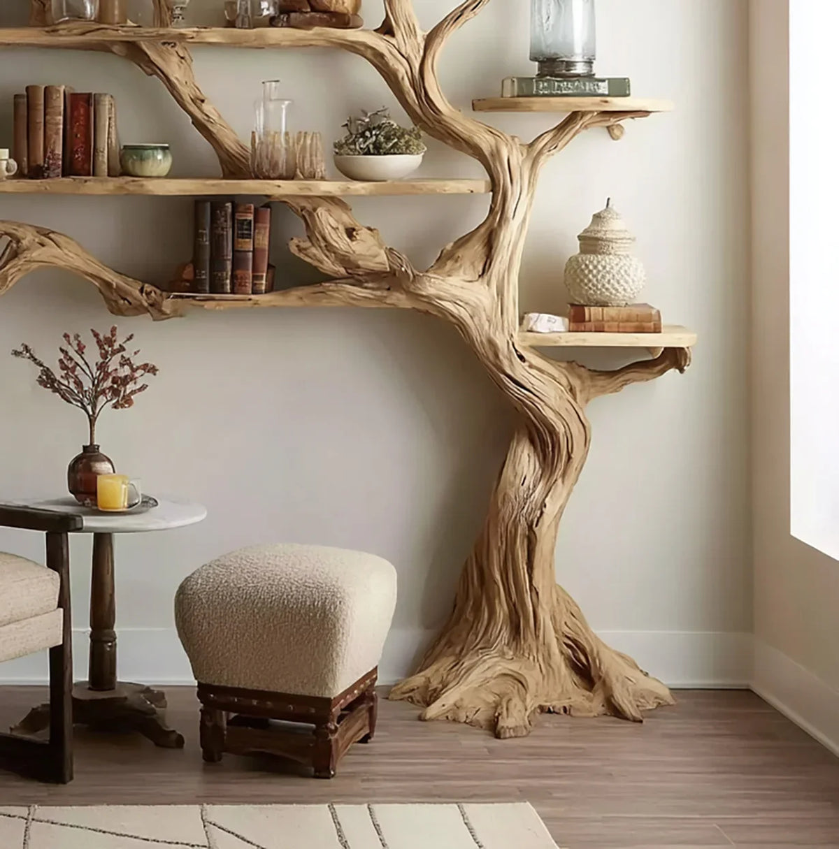 Modern living space with natural wood tree-shaped bookshelf, cozy ottoman, and side table with decor
