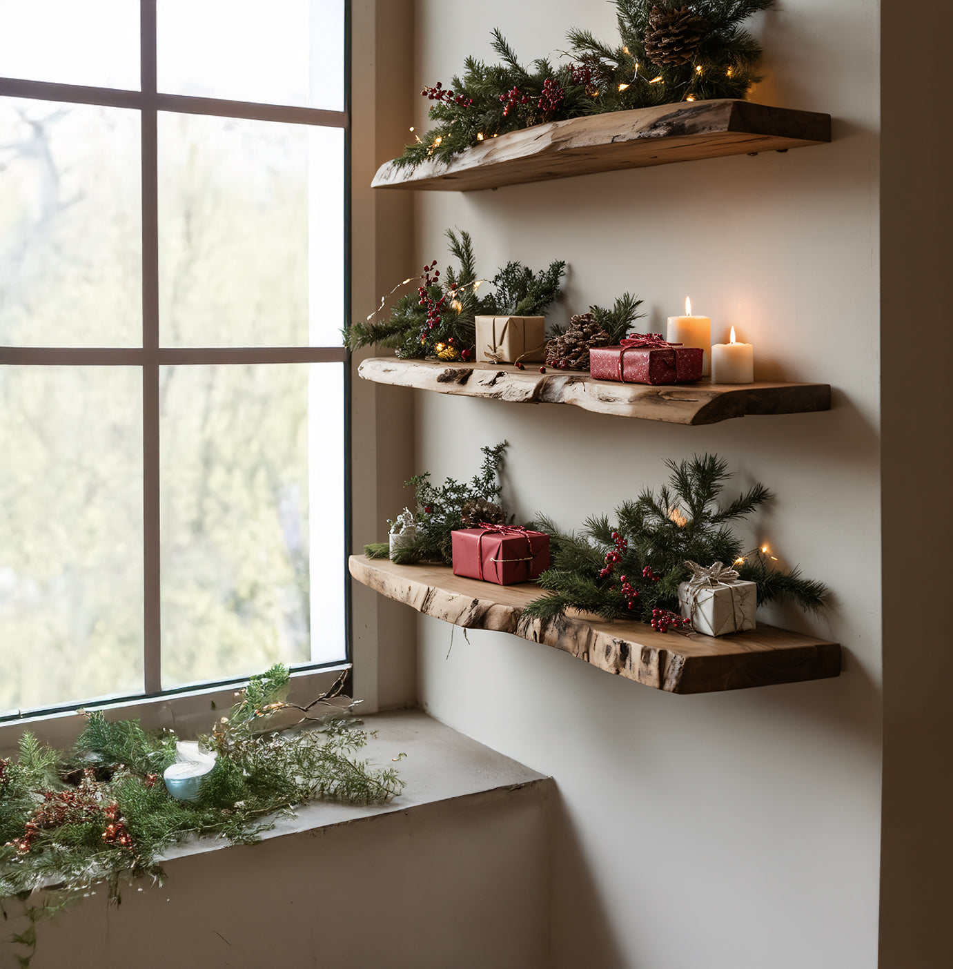 Rustic wooden shelves decorated with Christmas greenery, gift boxes, pine cones, and candles near a window
