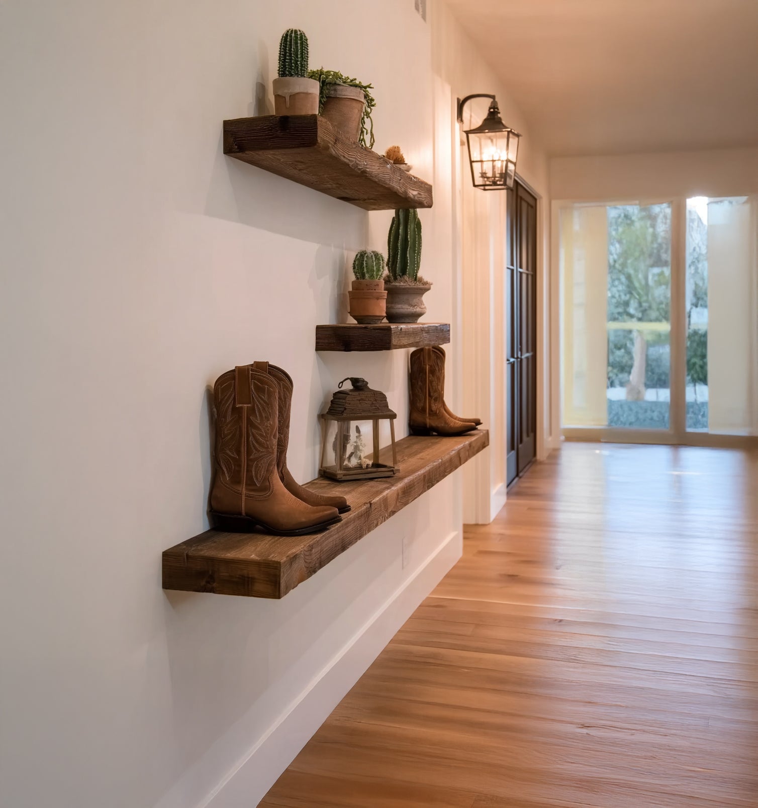 Rustic floating wooden shelves in hallway with cowboy boots, potted cacti, and lantern decor