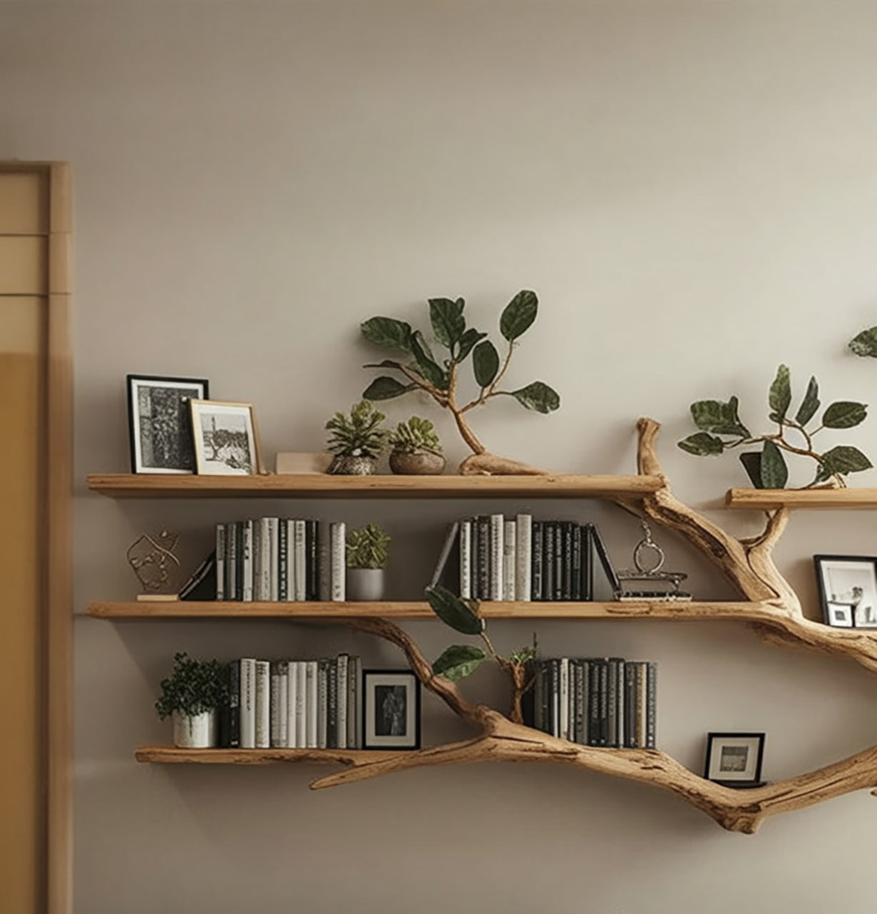 Live edge wooden tree bookshelf with books, framed photos, and potted plants on a light wall