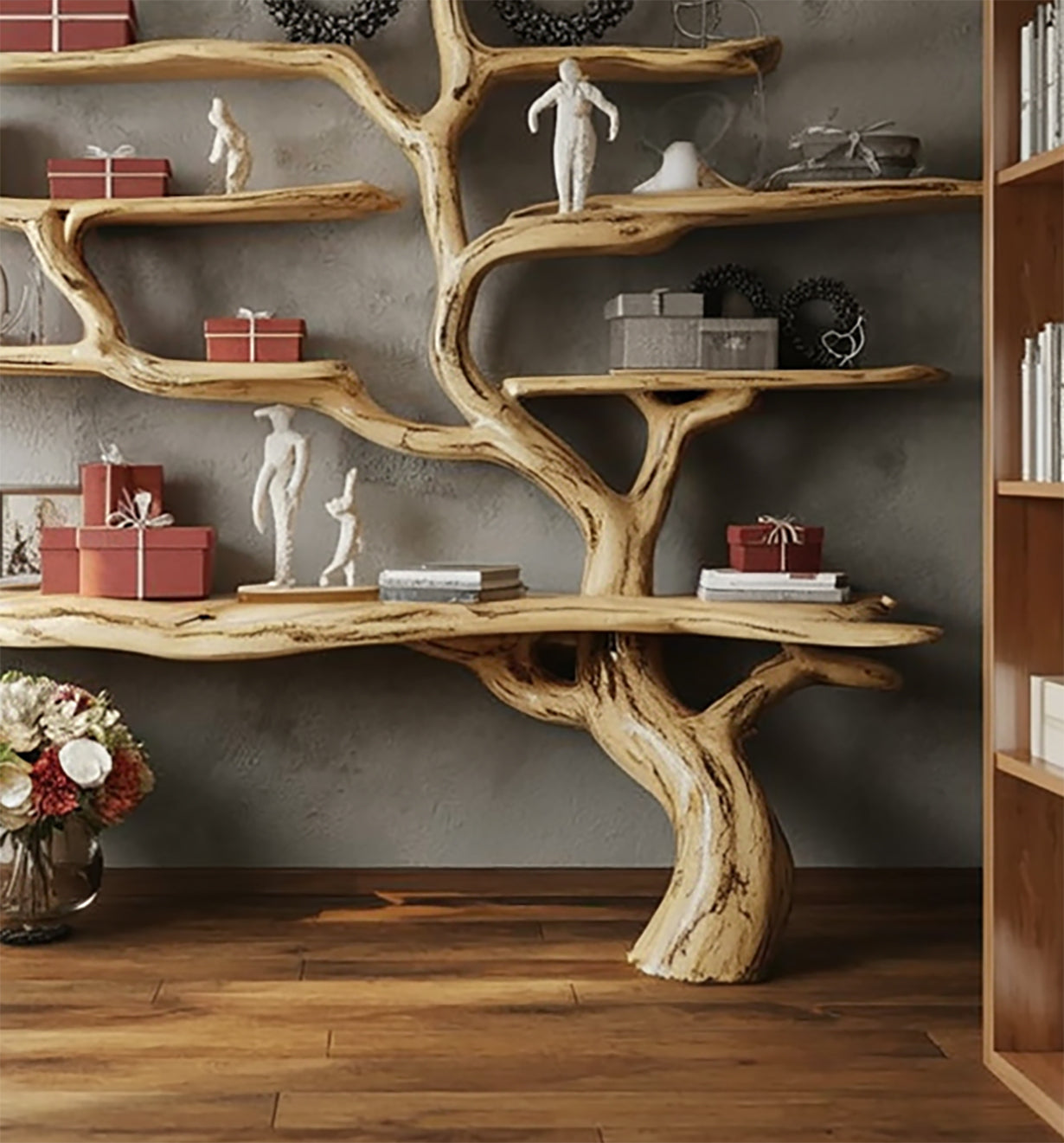 Tree-shaped wooden shelf with red gift boxes, white sculptures, books, and a vase with flowers
