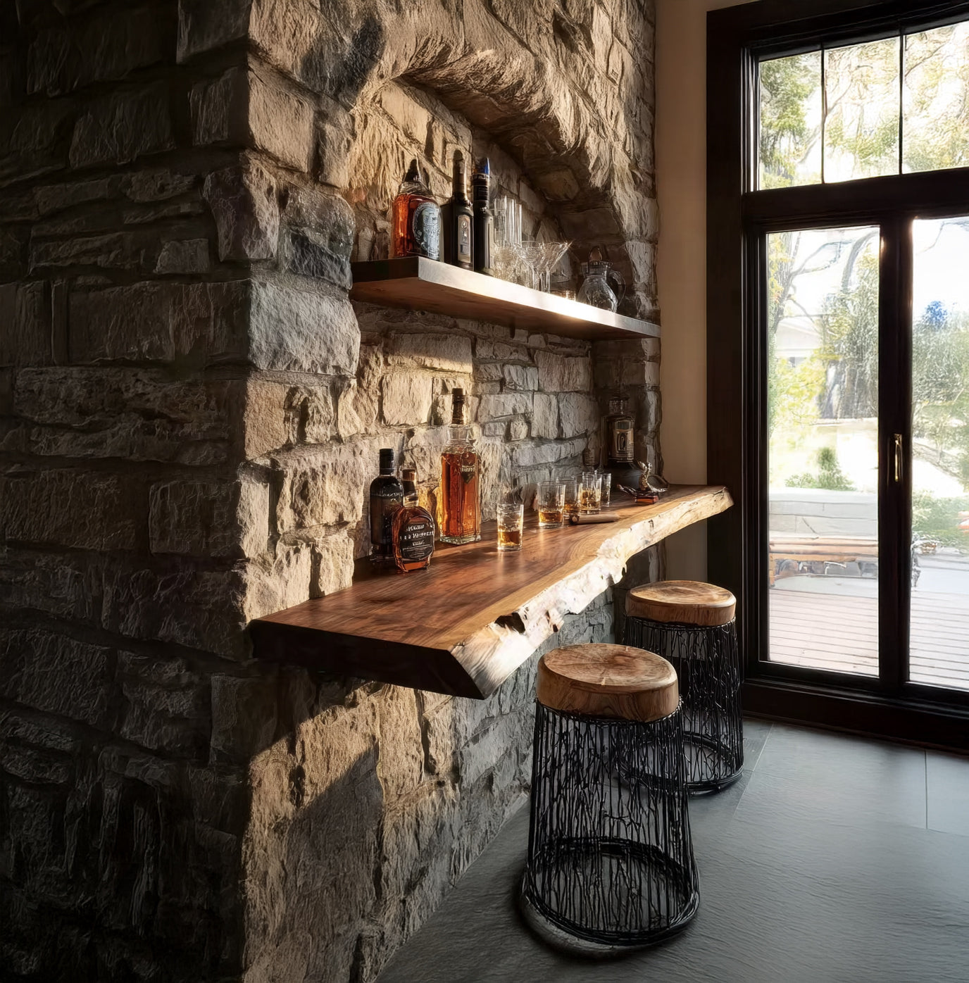 Live Edge Solid Wood Floating Bar Table – Handmade Wall Shelf Table