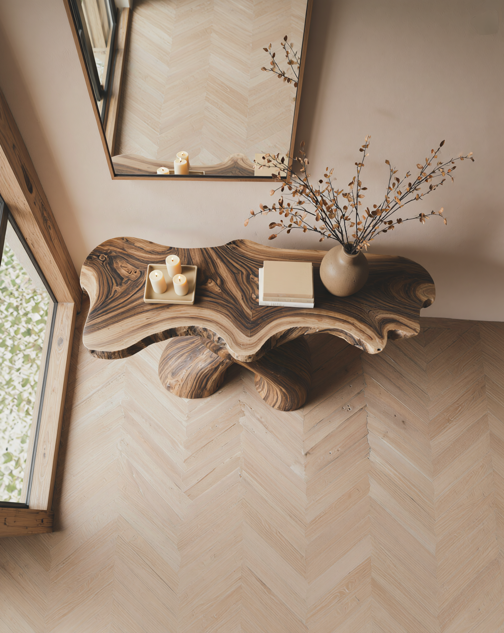 Live edge solid wood console table with natural grain, candles, vase, and books in modern entryway