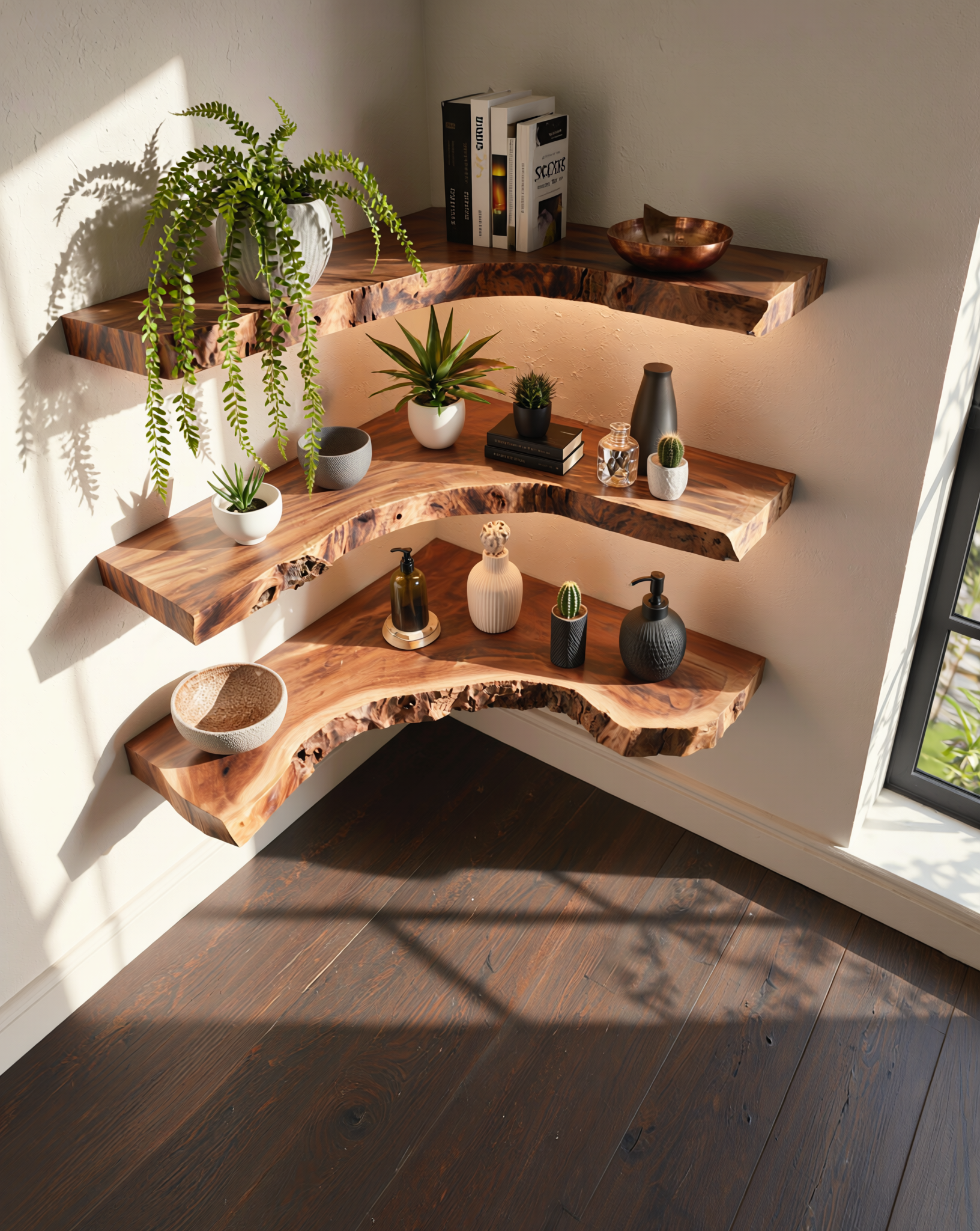 Live edge floating corner shelves with potted plants, decor, and books on wood wall