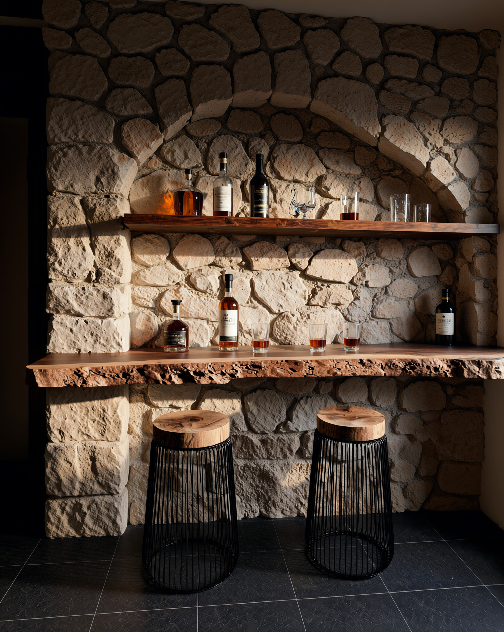 Live edge wood shelves with bottles and glasses on a rustic stone wall, bar stools in foreground.