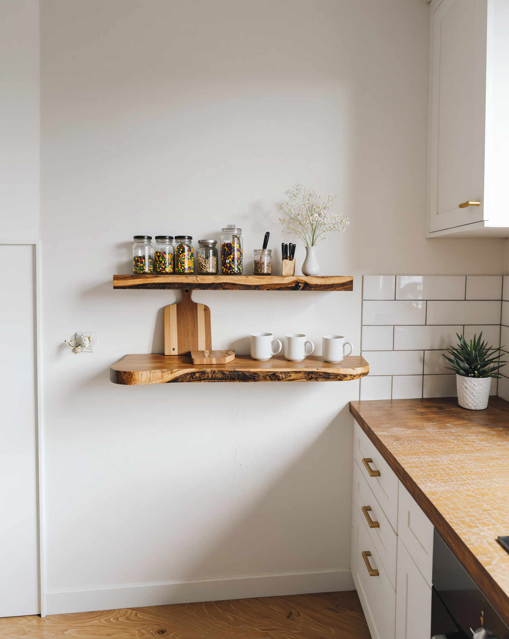 Live edge floating wooden shelves in a modern kitchen, holding glass jars, mugs, and decor.