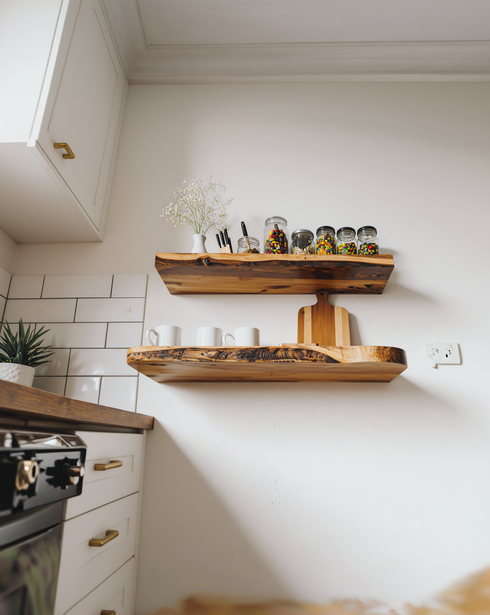 Solid wood live edge floating kitchen shelves with mugs, jars, and plant decor