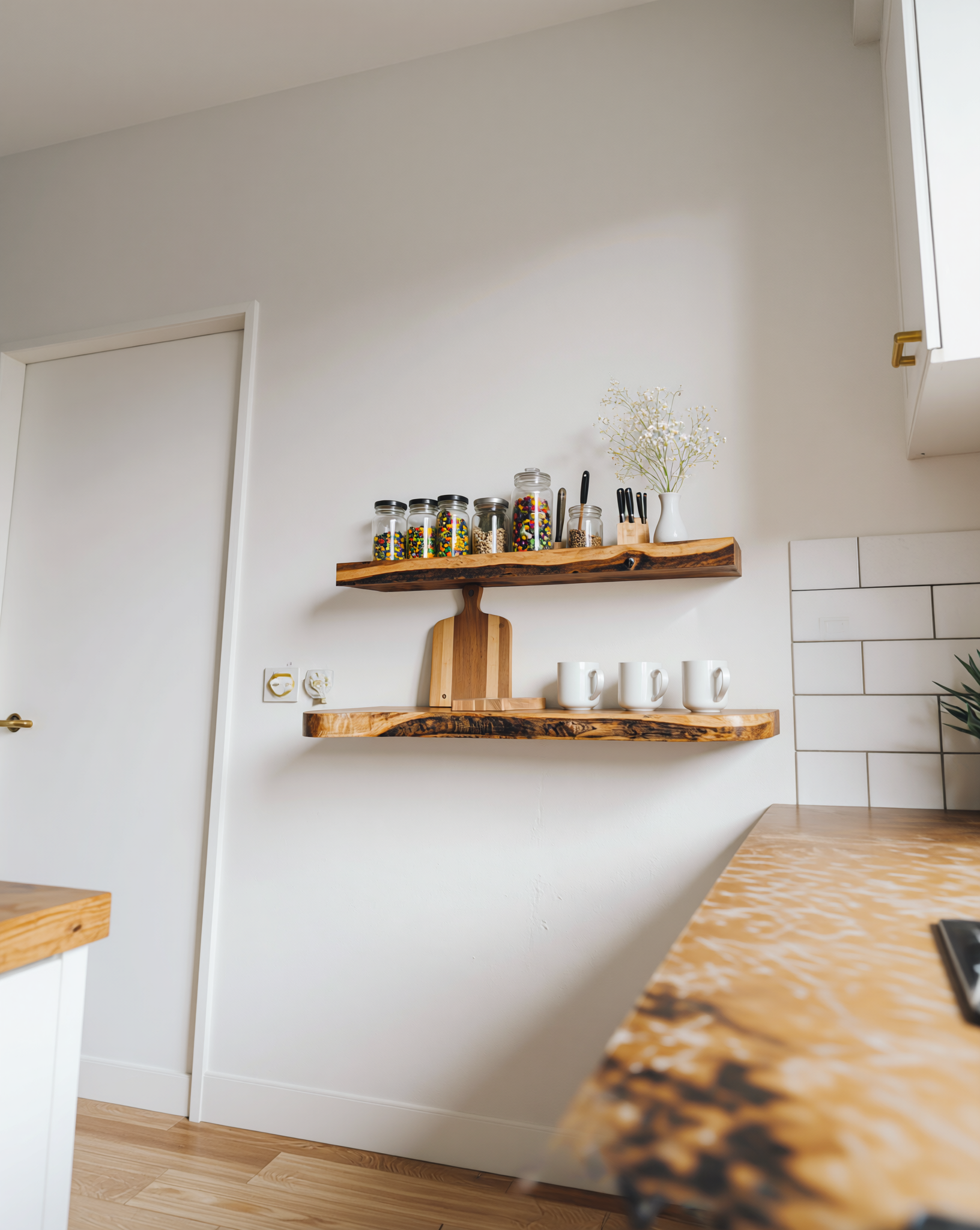 Live edge wooden floating shelves with jars, mugs, and decor in a modern kitchen