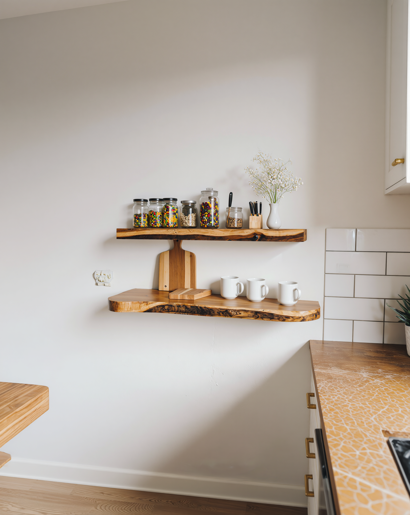 Sustainably crafted live edge wood floating shelves in a modern kitchen, styled with mugs and jars.
