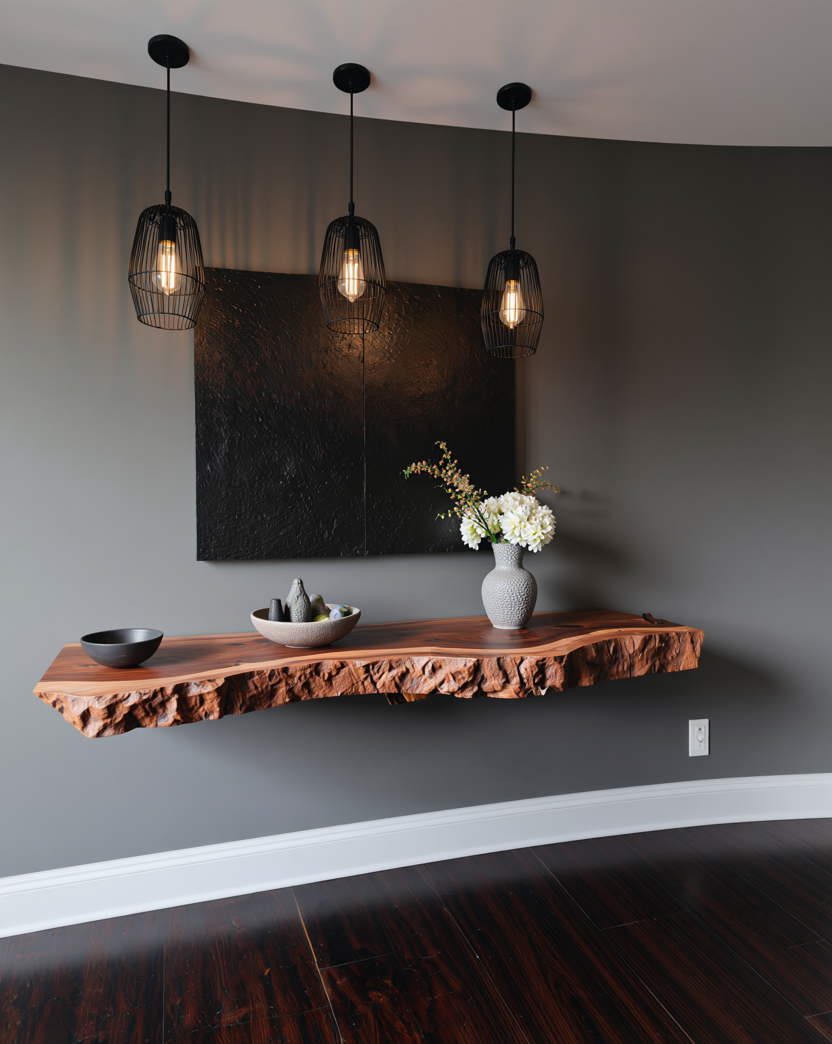 Sustainably crafted live edge floating wood shelf with decor, modern pendant lights, and dark wall art