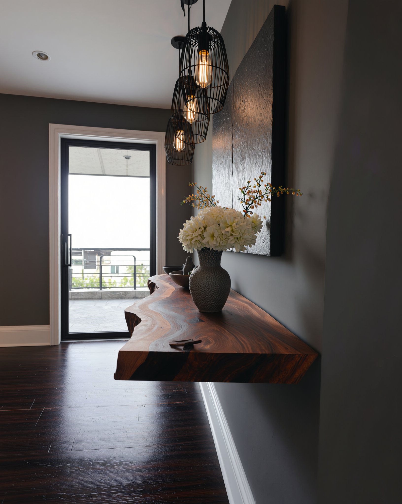 Live edge solid wood floating shelf in modern hallway with dark pendant lights and vase decor