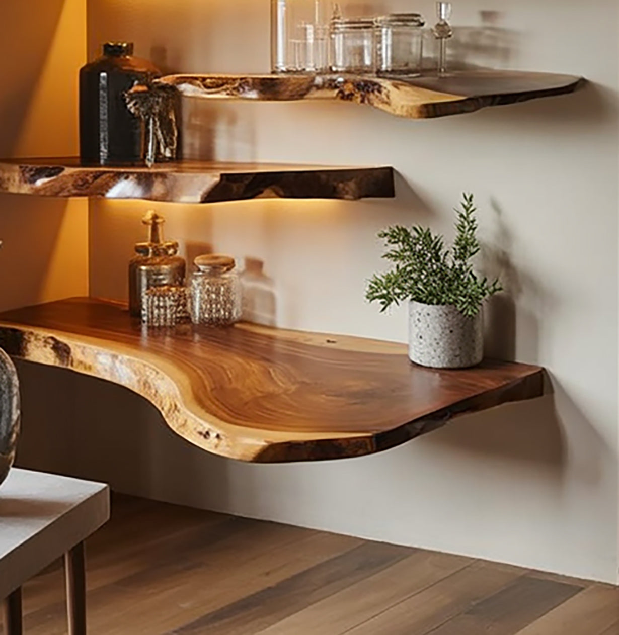 Live edge floating wood shelves with glass jars and a potted plant, modern interior decor