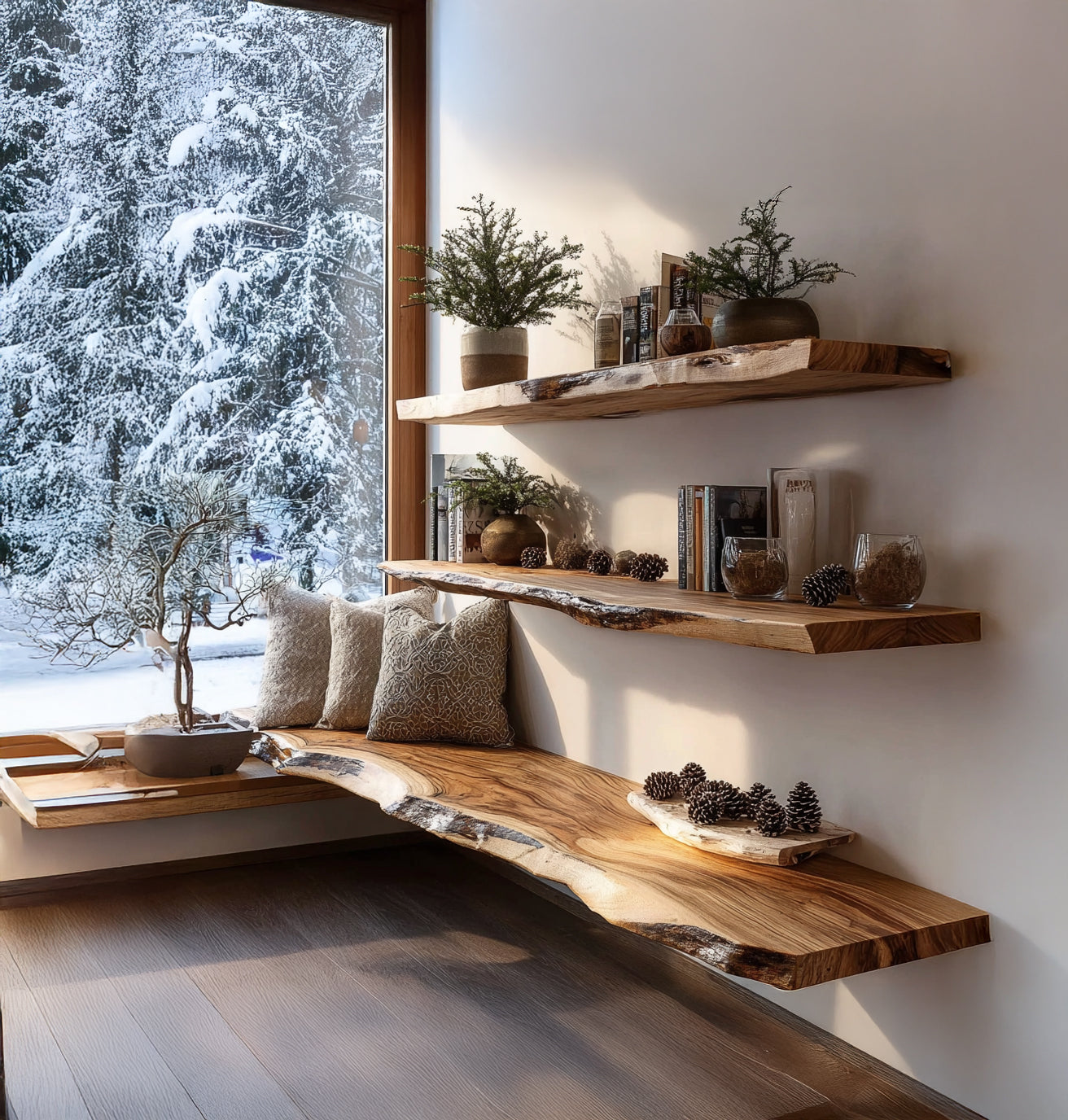 Solid wood live edge floating shelves and bench by snowy window with pillows and decor.