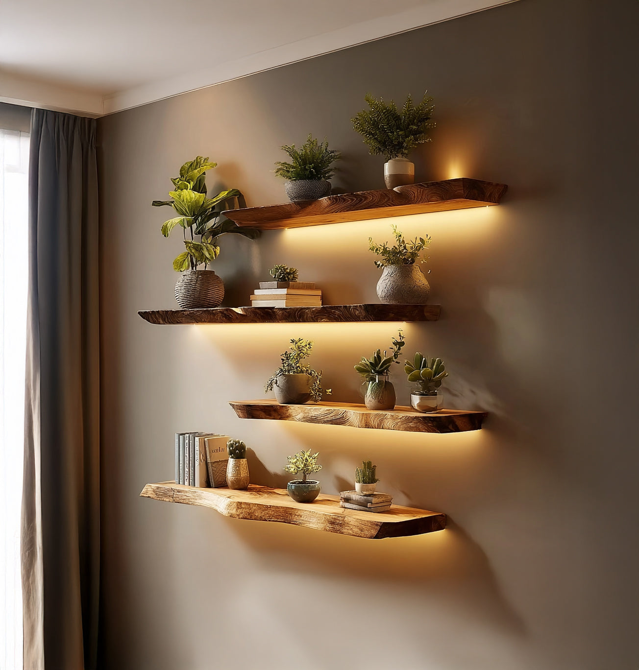 Live edge floating wooden shelves with LED lighting, decorated with indoor plants and books on a wall.