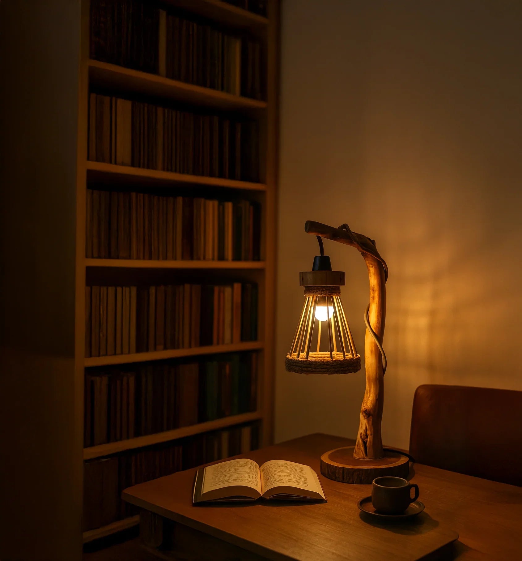 Solid wood lamp on desk with open book, cup, and bookshelf in cozy reading nook