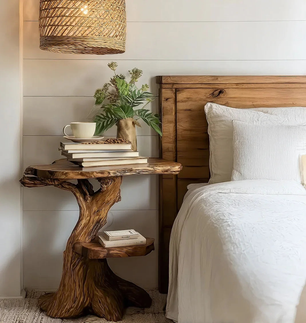 Live edge solid wood bedside table with books, cup, and greenery beside a wooden bed