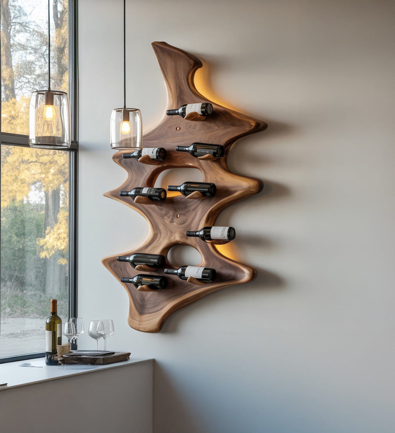 Modern wooden wall-mounted wine rack with wine bottles and warm backlighting in bright room