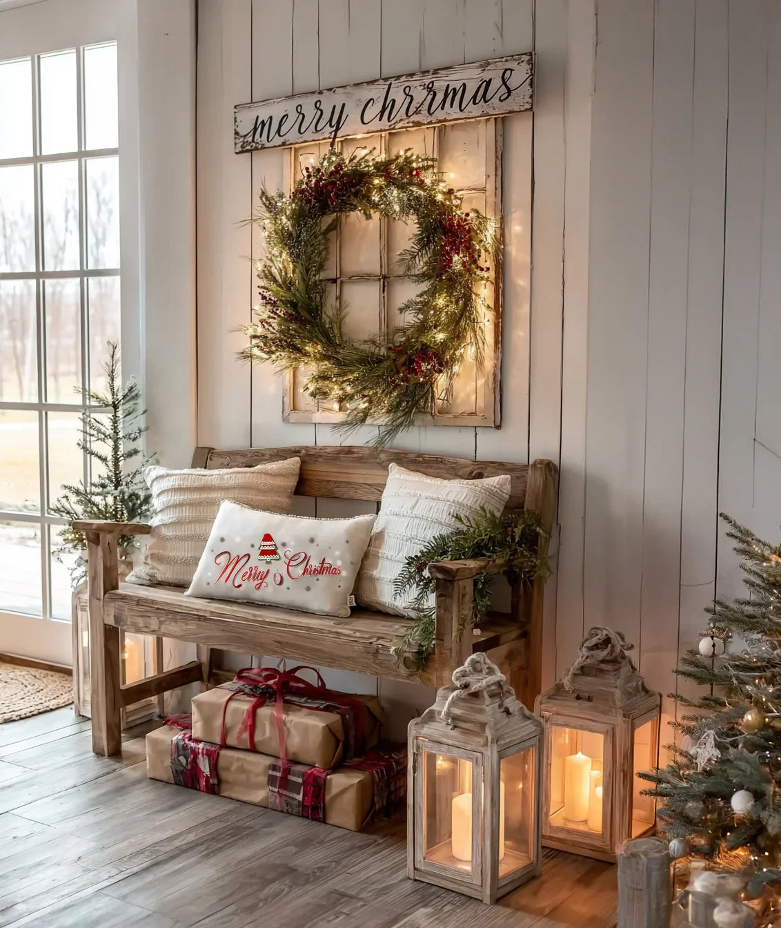 Rustic Christmas decor with wooden bench, pillows, lighted wreath, lantern candles, and wrapped gifts