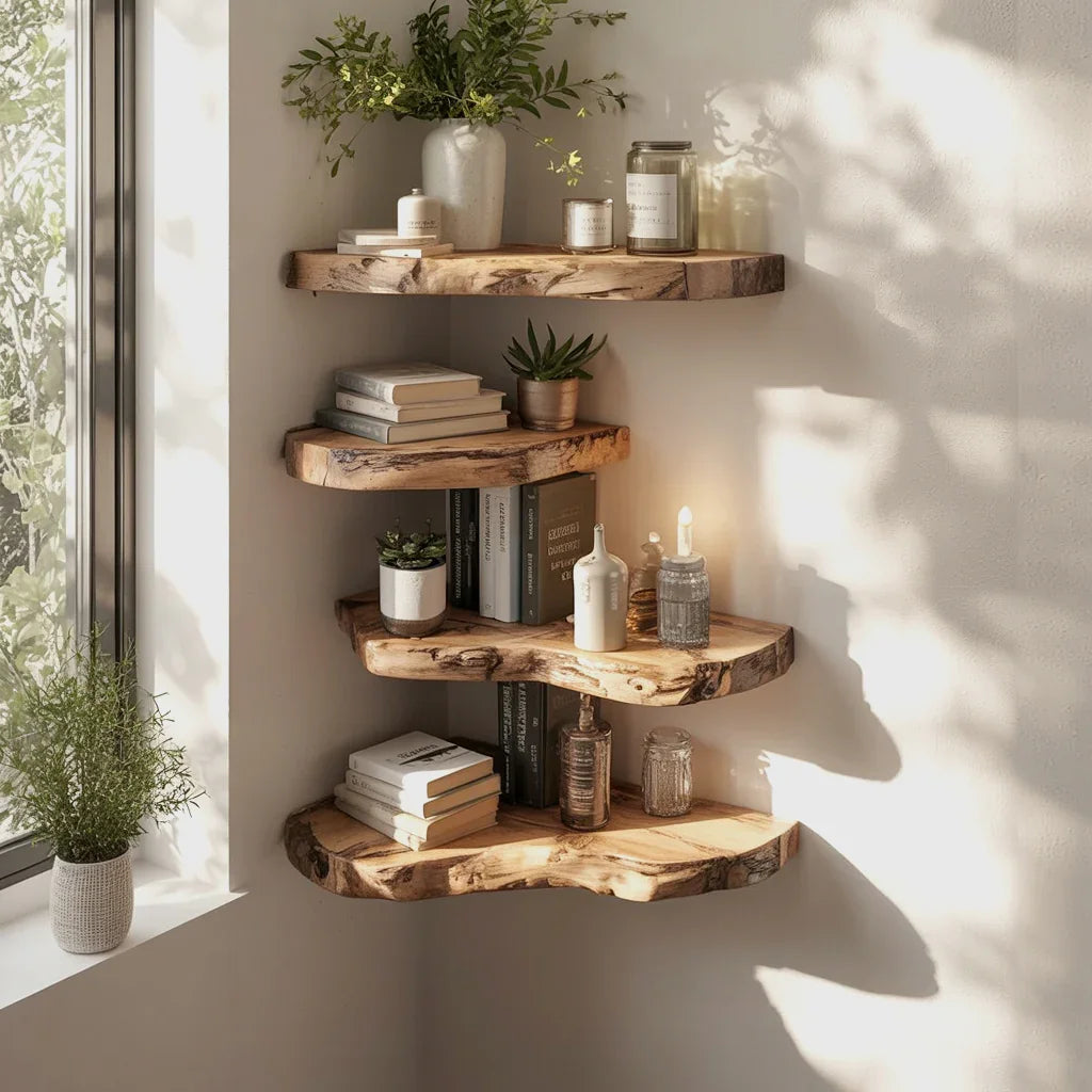Rustic live-edge wooden floating corner shelves decorated with books, candles, plants in a sunlit room