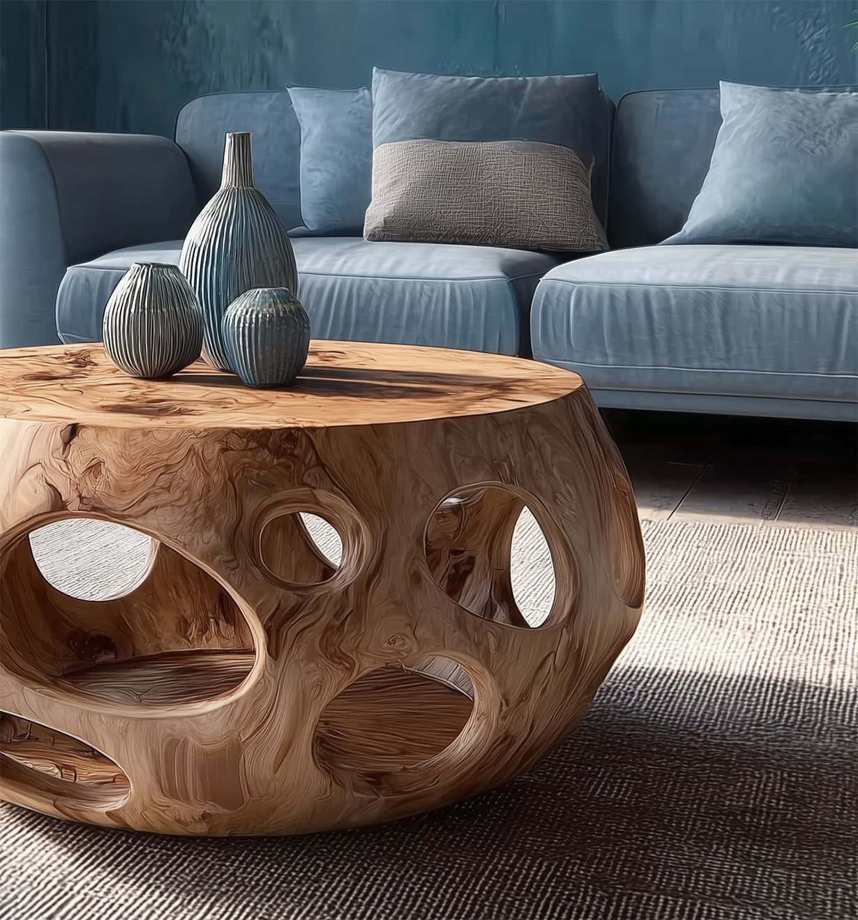 Unique wooden coffee table with circular cutouts in living room with blue sofa and decorative vases