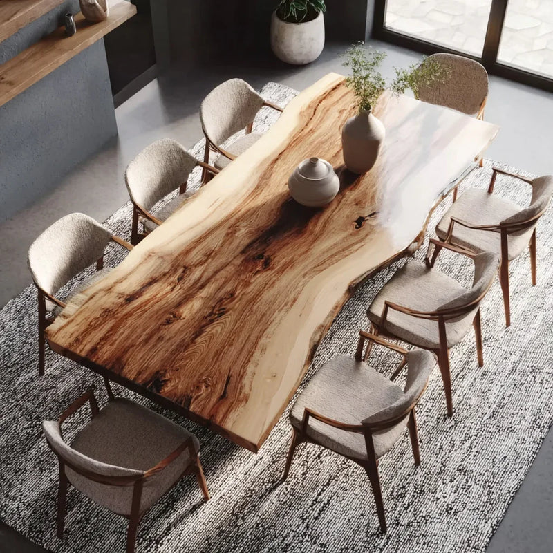Modern dining room with live edge wooden table and eight beige upholstered chairs on patterned rug