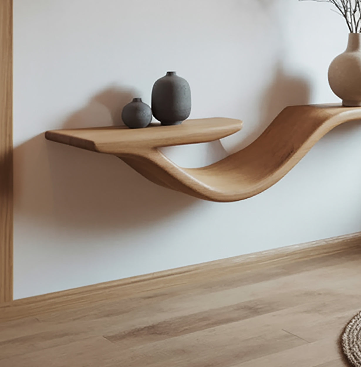 Curved solid wood floating shelf with minimalist vases, modern sustainable furniture