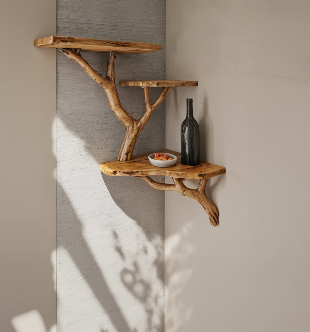 Rustic wooden corner shelves with natural branch supports holding a wine bottle and a bowl of fruit