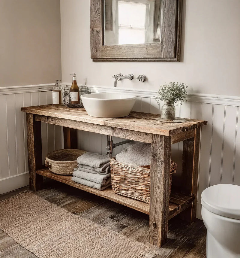 Rustic wooden bathroom vanity with white vessel sink, wicker baskets, folded towels, and wall mirror