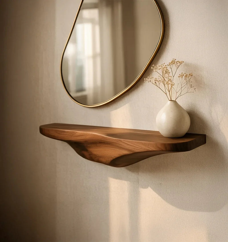 Live edge floating wood shelf with white vase, minimalist decor, and wall mirror.