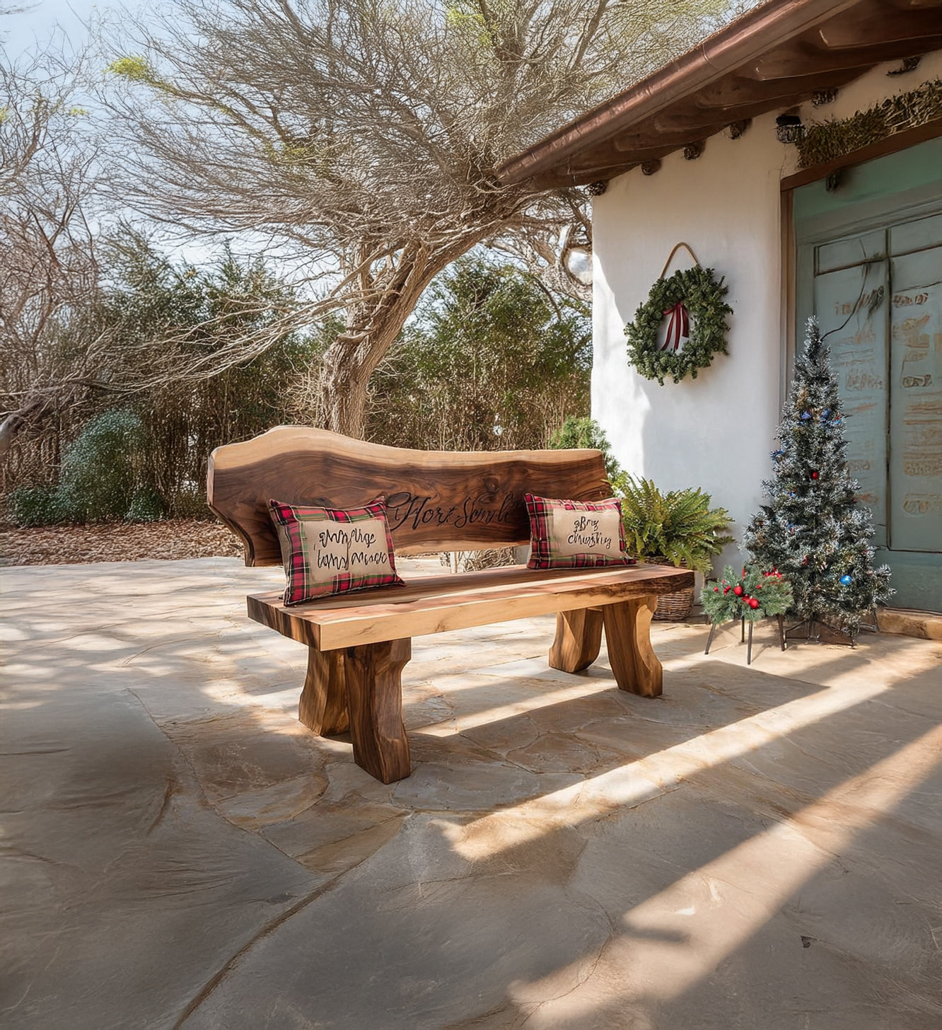 Rustic wooden bench with plaid Christmas pillows on stone patio near holiday wreath and decorated Christmas tree