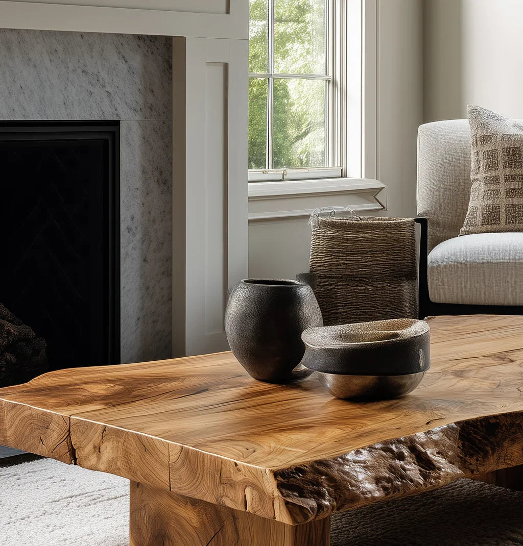 Natural wood live edge coffee table with ceramic vases in cozy living room near fireplace and window