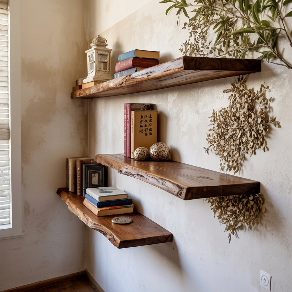 Solid wood live edge floating shelves with books and decor in a cozy corner room