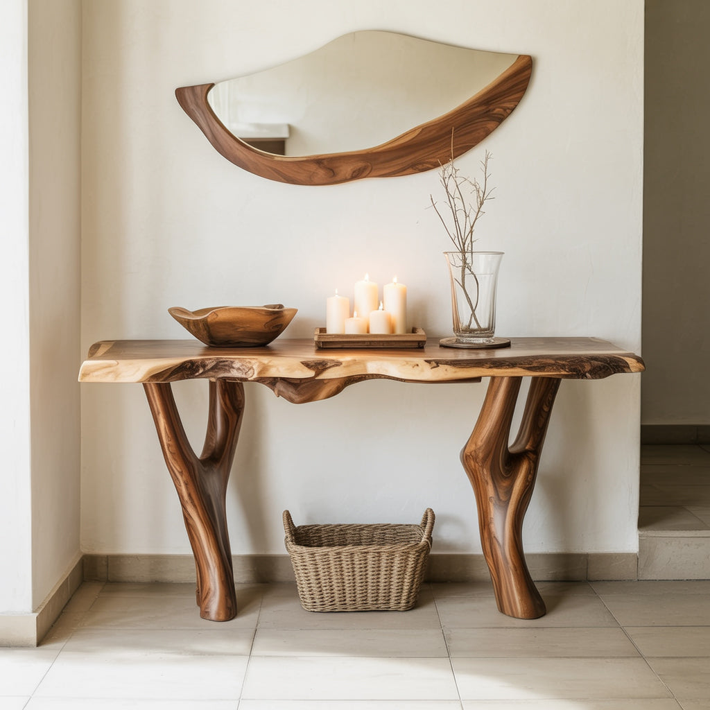 Rustic live edge wood console table with decorative candles, wooden bowl, glass vase, and wicker basket