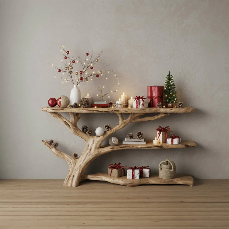 Live edge tree bookshelf decorated with candles, wrapped gifts, pinecones, and holiday ornaments.