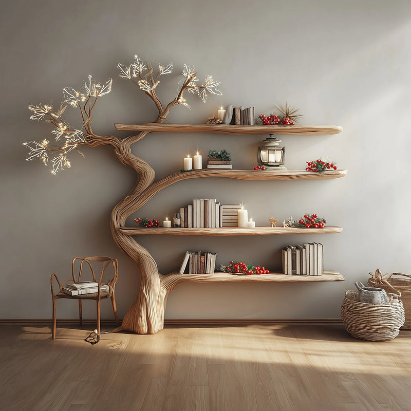 Unique wooden bookshelf shaped like a tree with illuminated branches, candles, books, and red berries in a cozy room