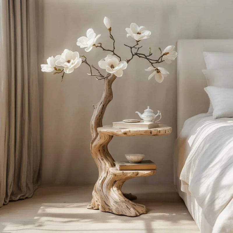 Live edge nightstand shaped like a tree, with shelves and white flowers, beside a bed
