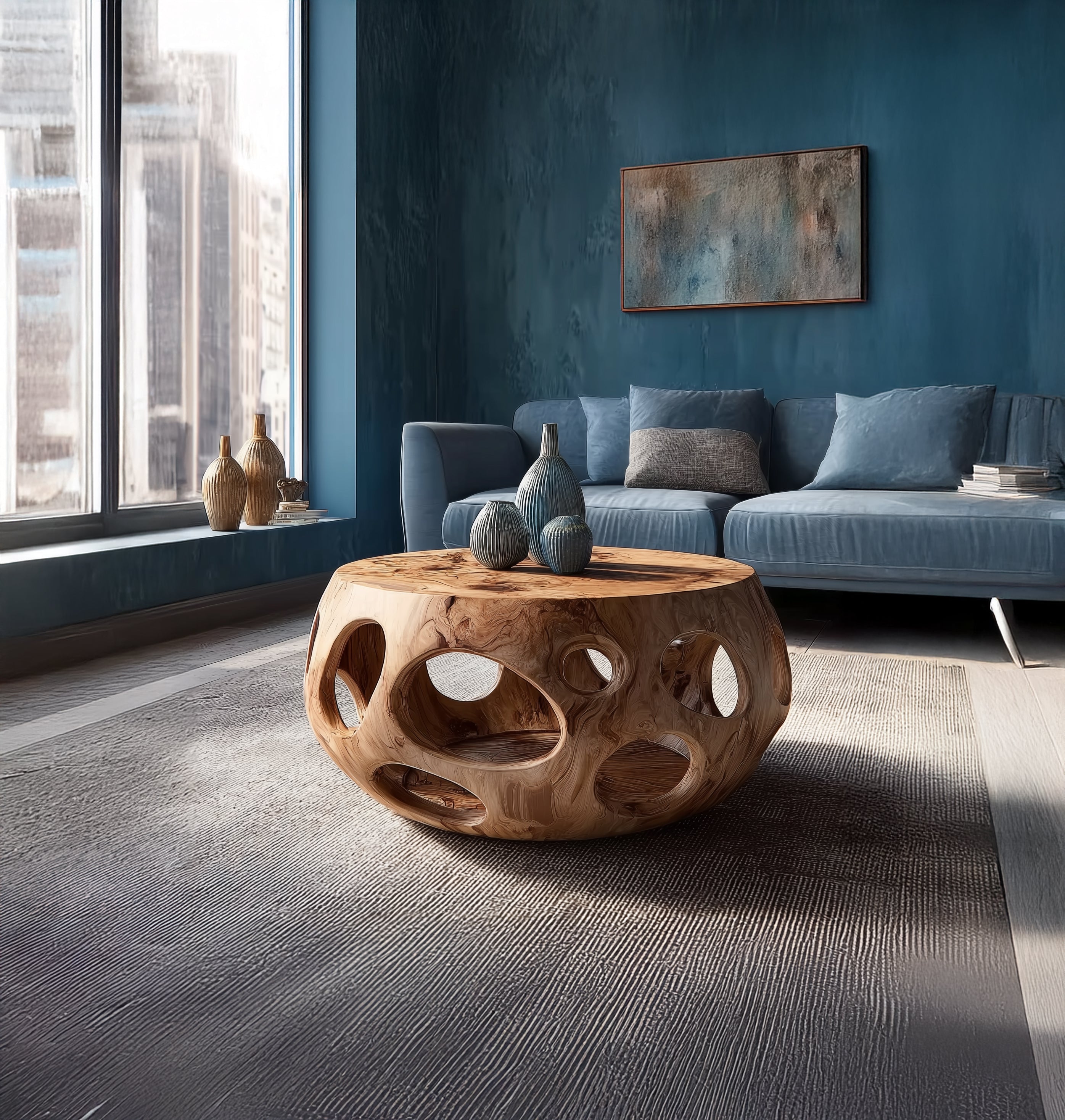 Modern living room with sculptural wooden coffee table, blue sofa, large window, and abstract wall art