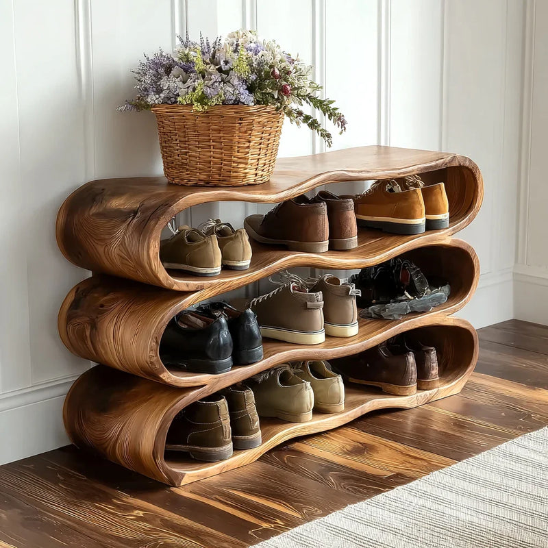 Organic wooden shoe rack with wavy design holding various men's shoes and a wicker basket with flowers