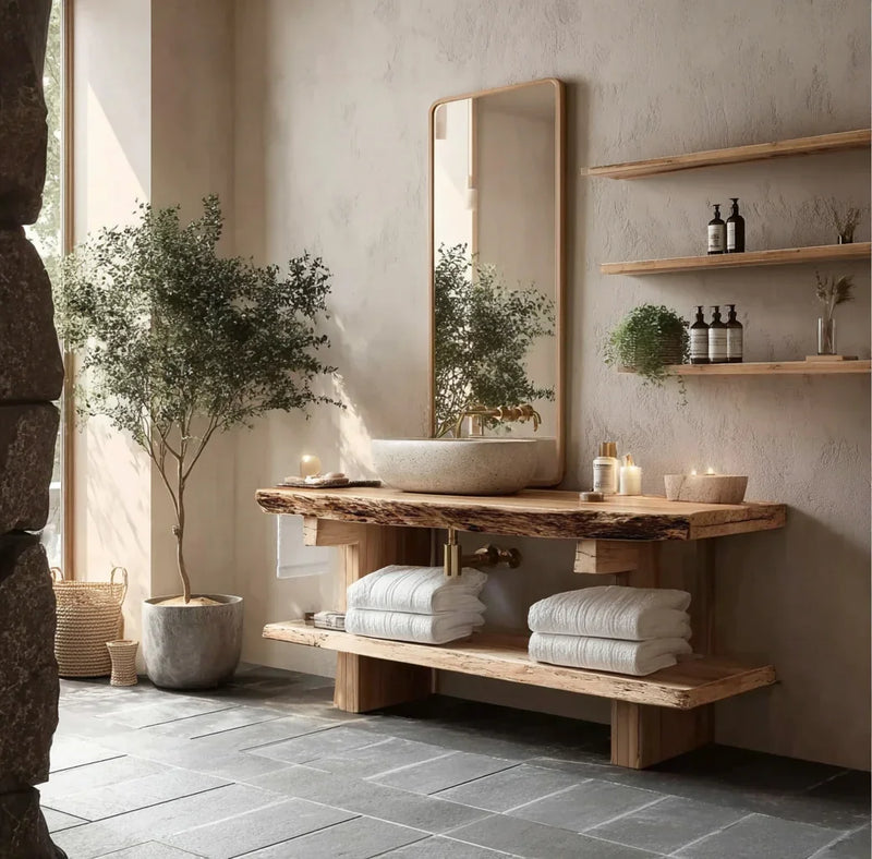 Natural wood bathroom vanity with stone sink, mirror, white towels, potted plant, and shelves with toiletries